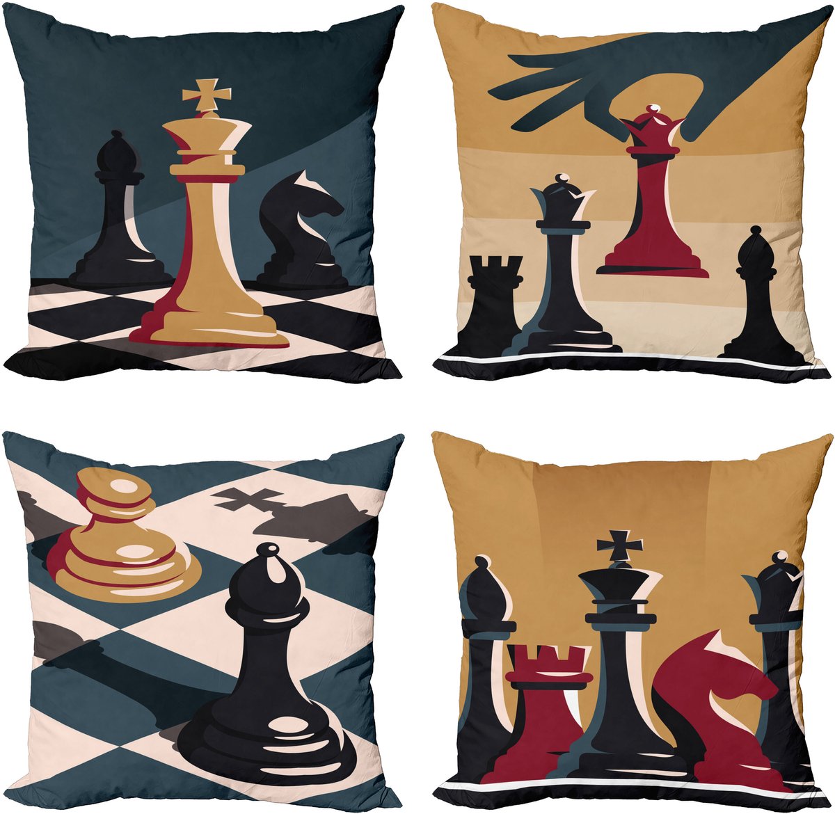 ABAKUHAUS Schachspiel Print Sierkussen Kussenhoes 4er Set, Brettspiel-Hobby-Thema Modern Accent Dubbelzijdige Digitale Print, 45 cm x 45 cm, Schieferblau en Dunkelsenf