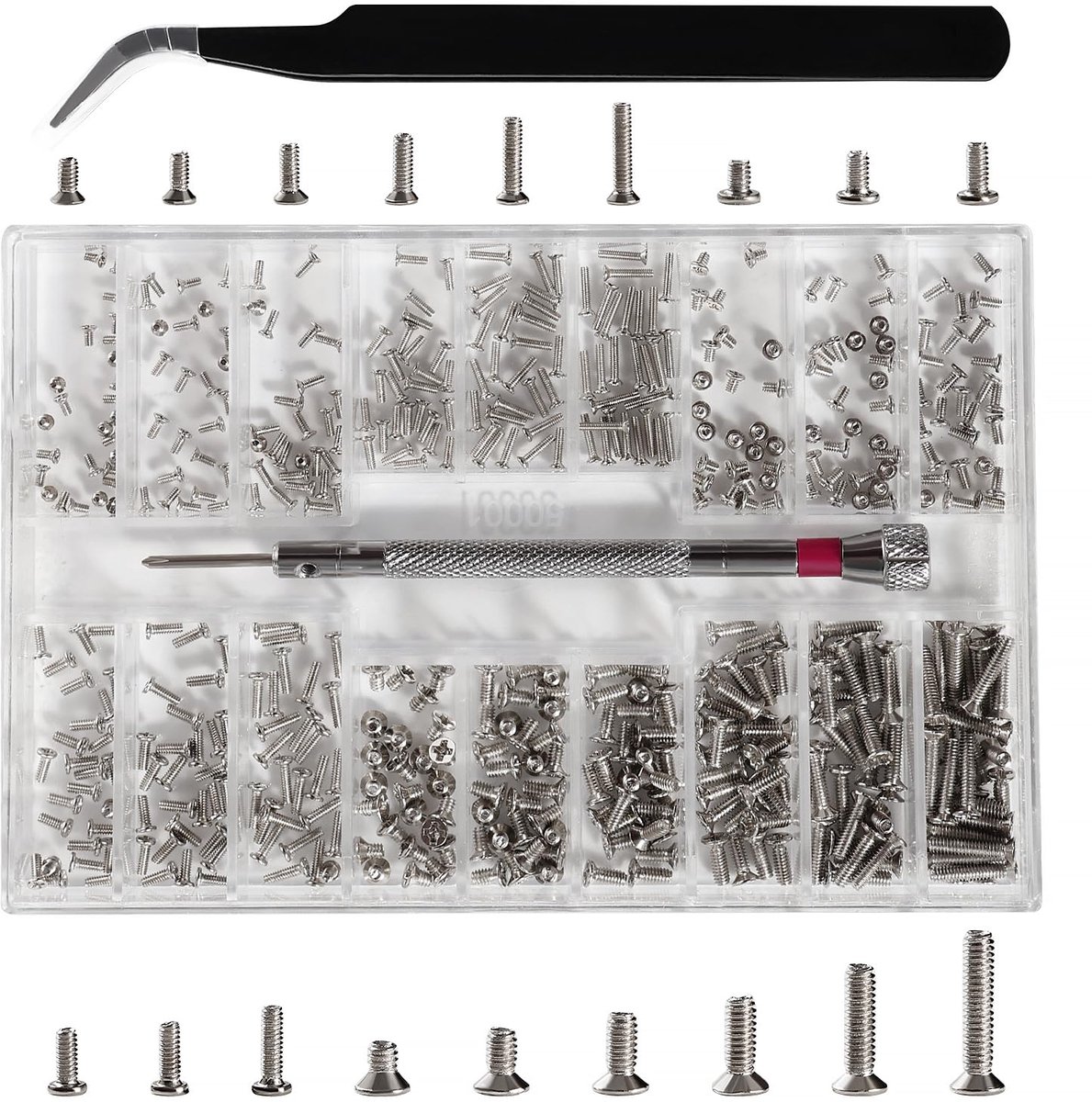500 stuks 18 maten M1.2/M1.4/M2 reparatieschroevenset, micro-schroeven, Tiny Micro Repair Screw Kit, met schroevendraaier en pincet, voor brillen, laptop, horloges, zilver
