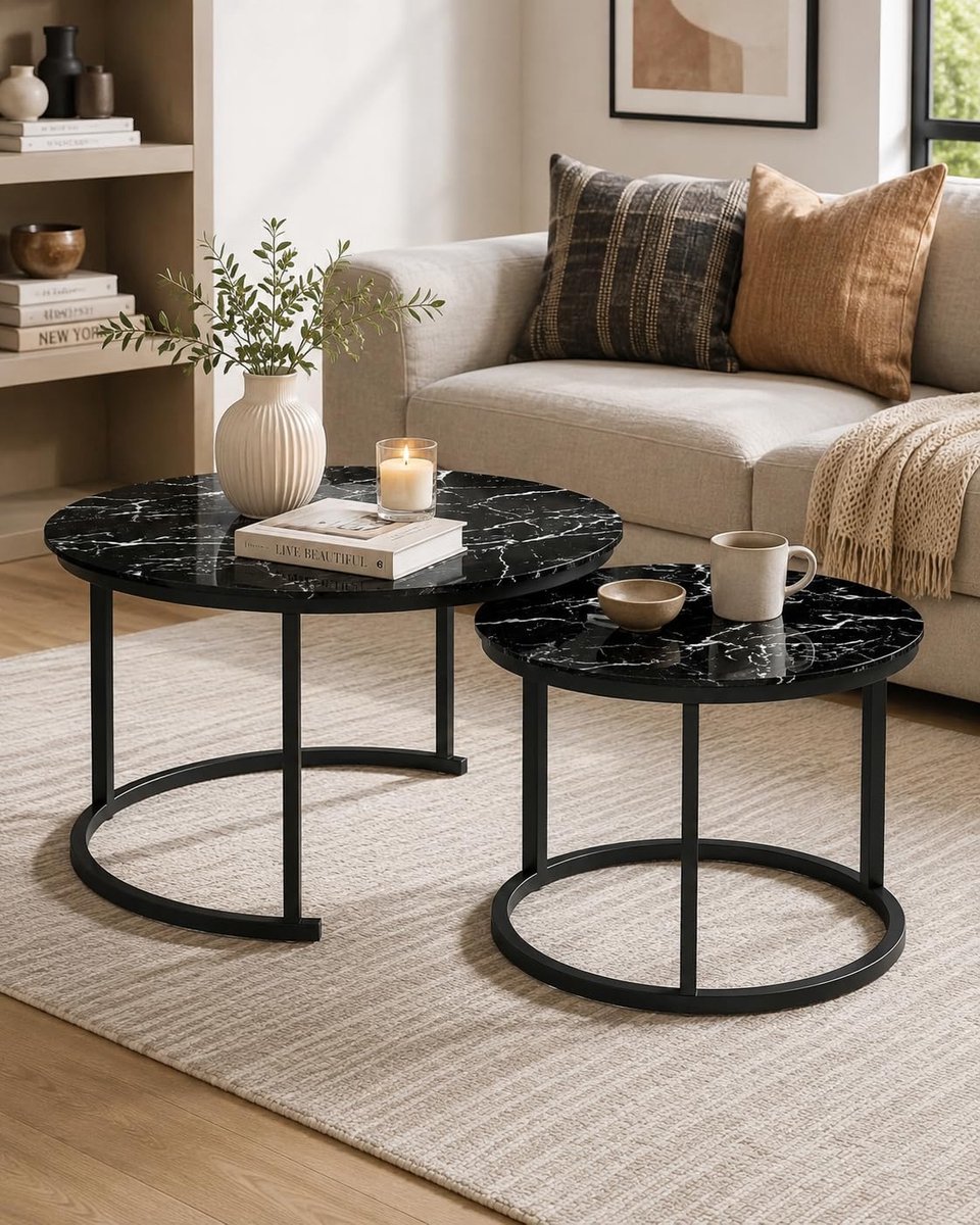 Set van 2 nesting ronde glazen tafels zwart gemarmerd 70+50cm