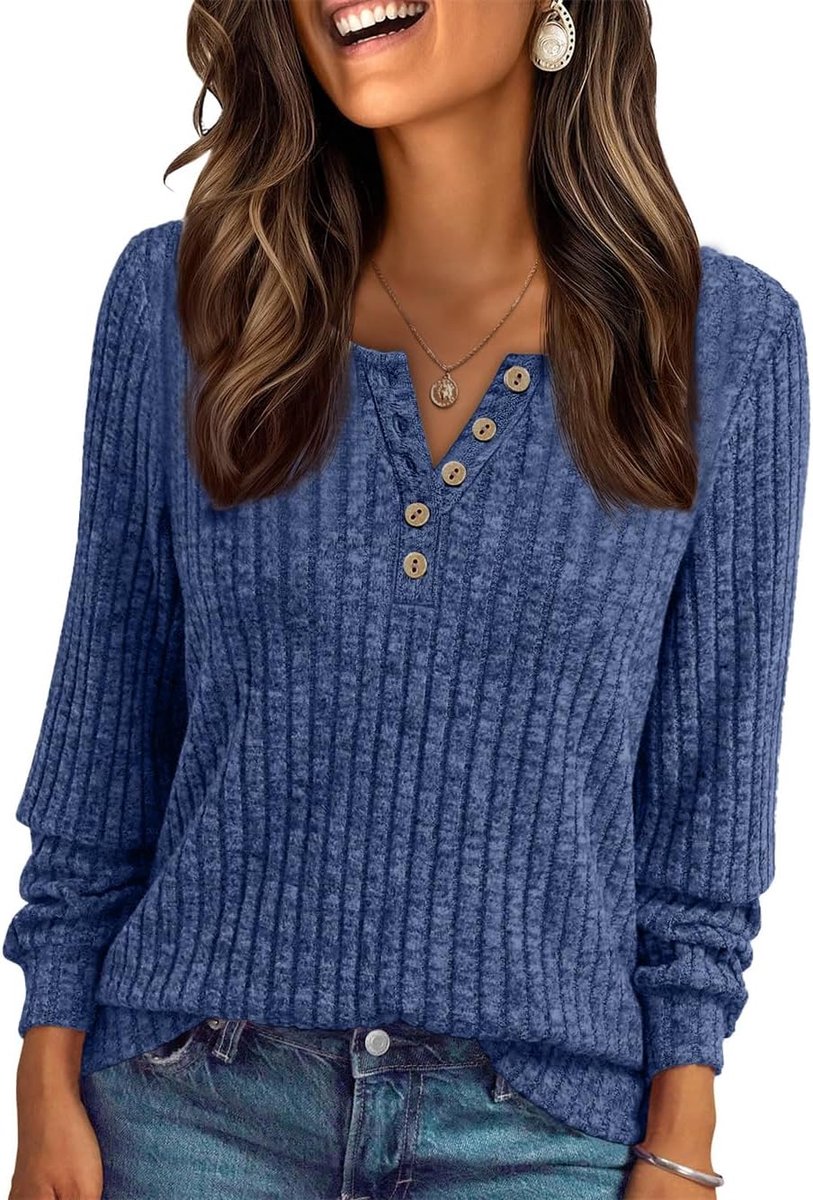 Dressy Casual Lange Mouw Geribbelde T-shirts Tuniek Tops Losse Fit Sweatshirts Shirts