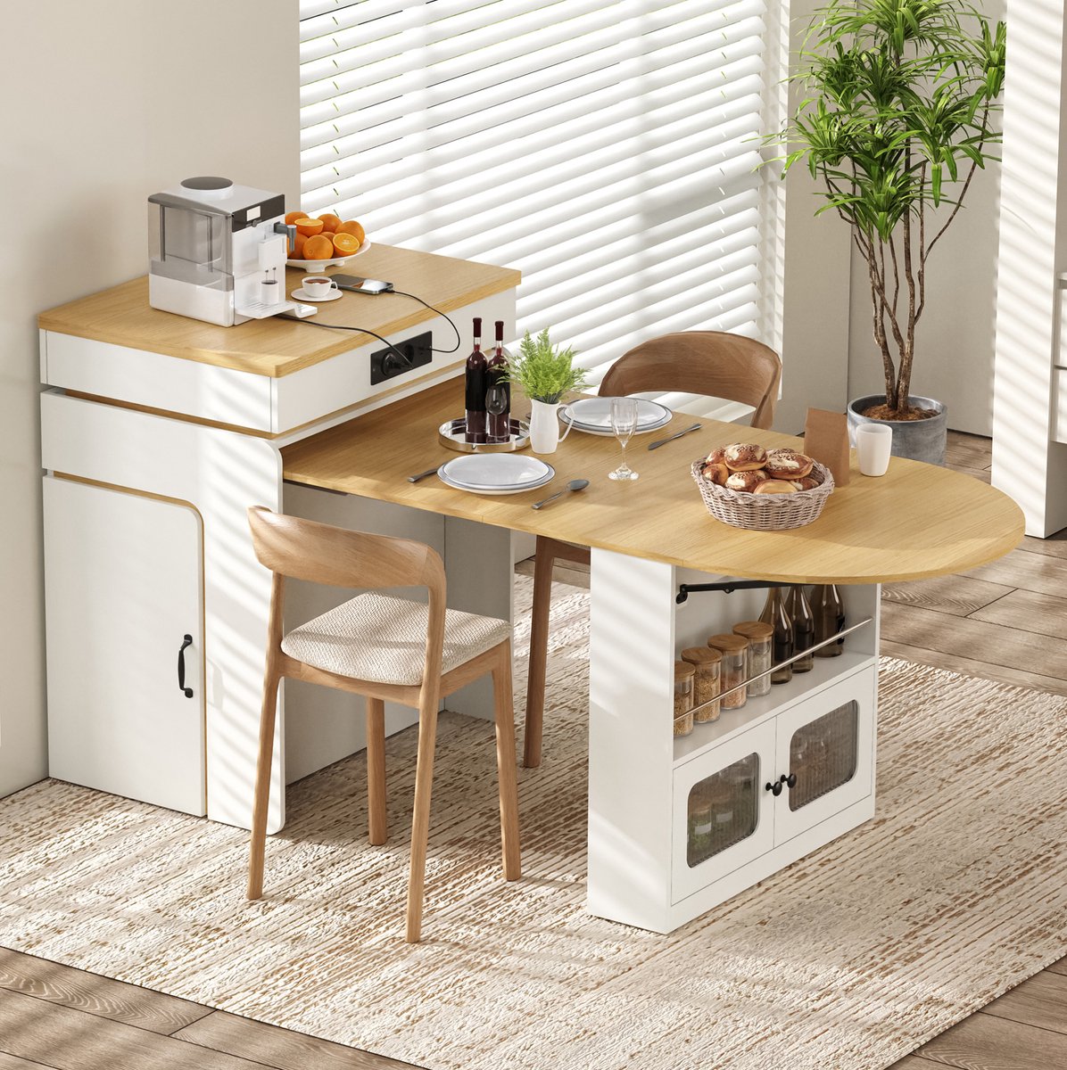 DESMIU Uitschuifbare Eettafel - Keukeneiland Met Lades, Ledverlichting En Stopcontacten - MDF En Glas - 55-194x80x95,5 Cm - Wit
