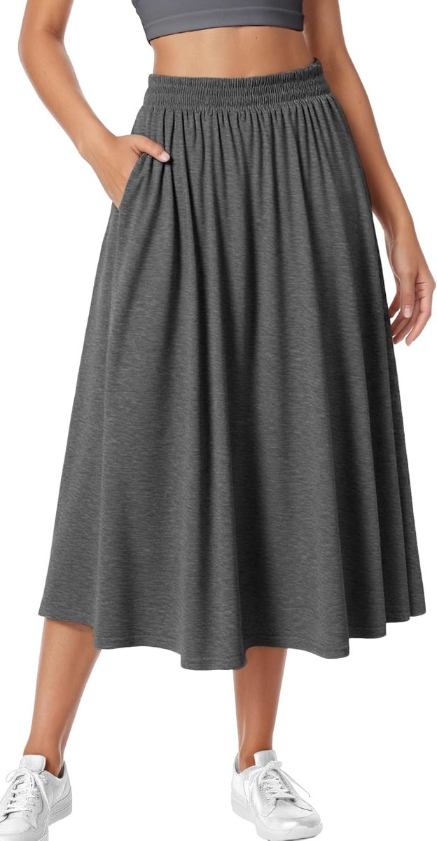 damesrok, hoge taille, midi-rok, effen, vrijetijdsrok met zakken, losse A-lijn, lange elastische taille, plisseerrok