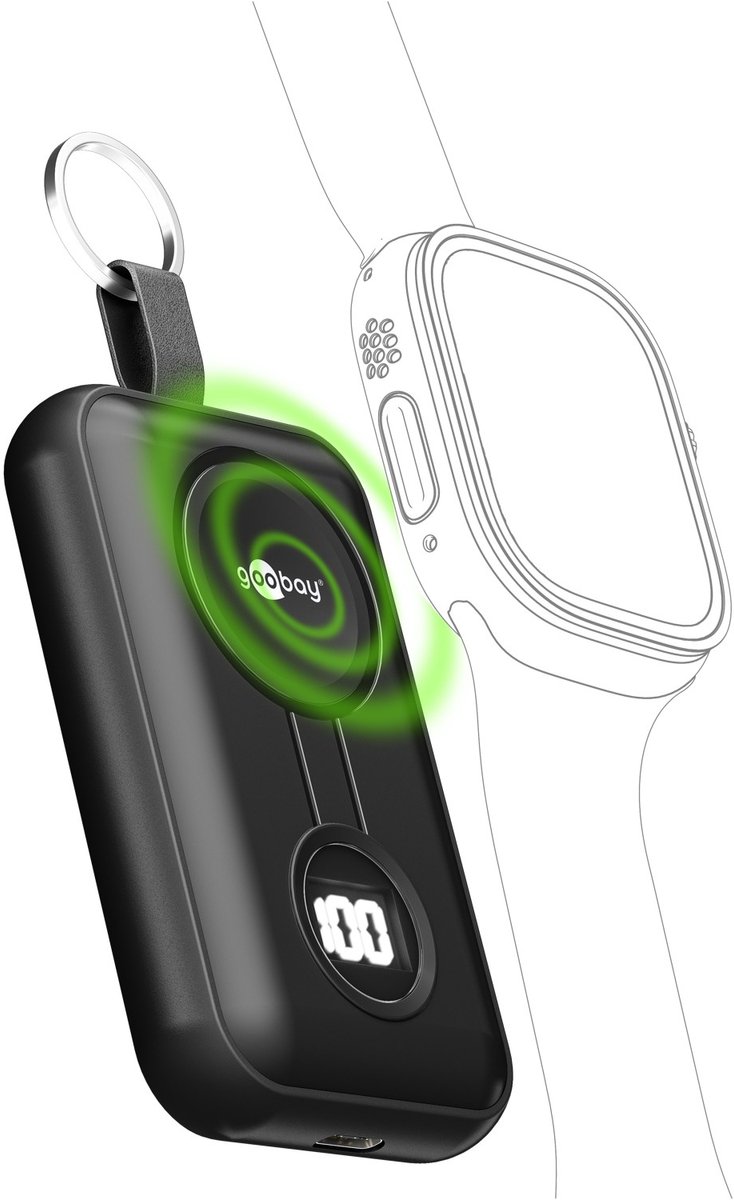 Goobay Draadloze powerbank voor Apple Watch 2.500 mAh, 5 W, compacte reisbenodigdheden met draadloze oplaadtechnologie