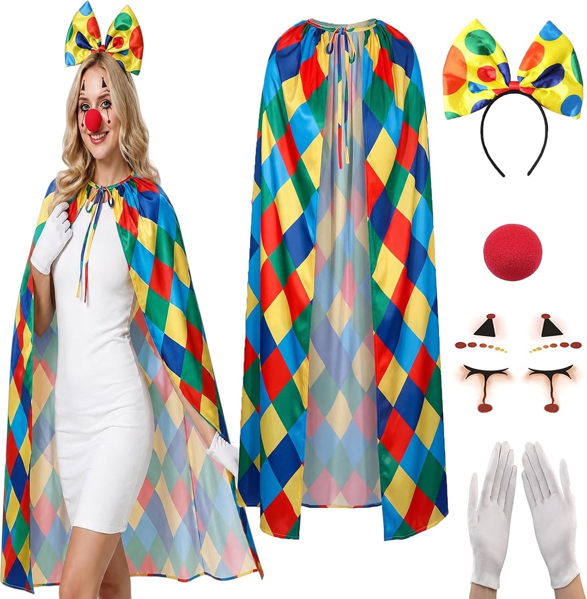 Heksenkostuum, premium set, cape met capuchon, hoed, handschoenen, bezem, sokken, exclusieve Halloween-outfit voor vrouwen, Mystic Witch Edition (clown)
