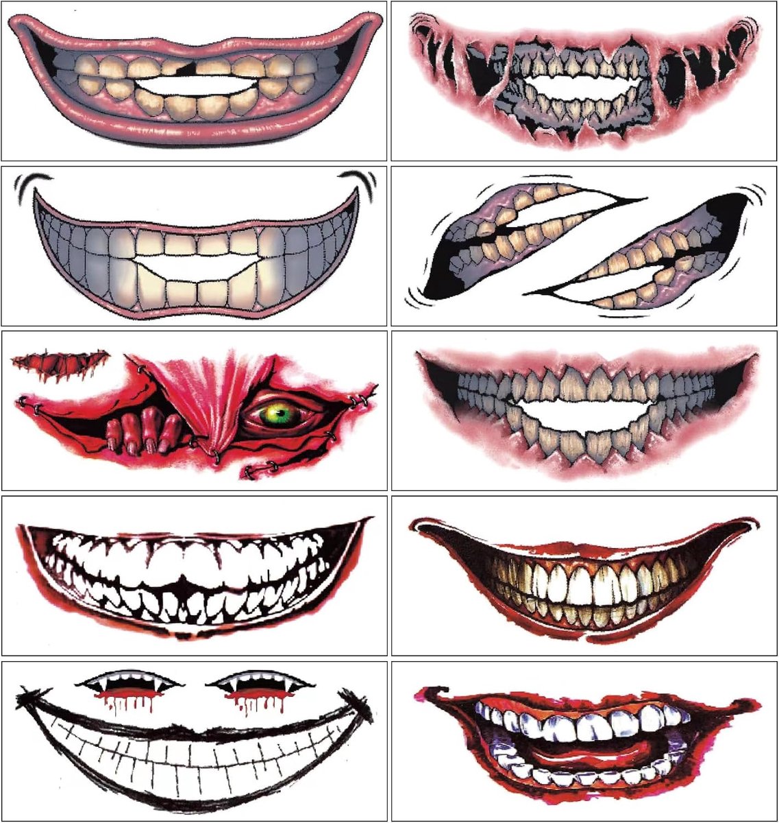 Tijdelijke horror, enge mond, clown, tatoeagestickers, prank rekwisieten, make-up kostuum, accessoires, gezichtskit, mannen of vrouwen, volwassenen, kinderen, cosplay, party, maskerade