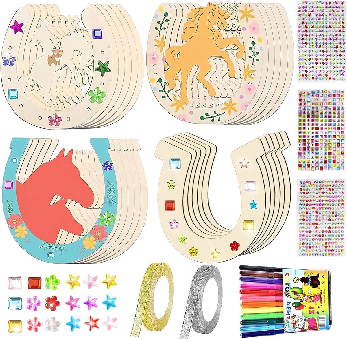 Houten hoefijzers, 24 stuks, hoefijzers, voor kinderverjaardag, met 12 aquarelstiften + 3 paillettenstickers + 2 glitterlinten, houten hoefijzers, knutselen voor kinderfeest, verjaardagsdecoratie
