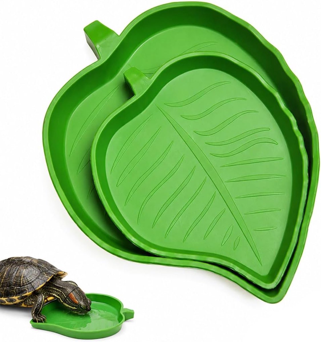 2 stuks aardschildpaddronken, waterschaal in bladvorm, groen, kunststof, twee maten (groot en klein), voor reptielenhuizen