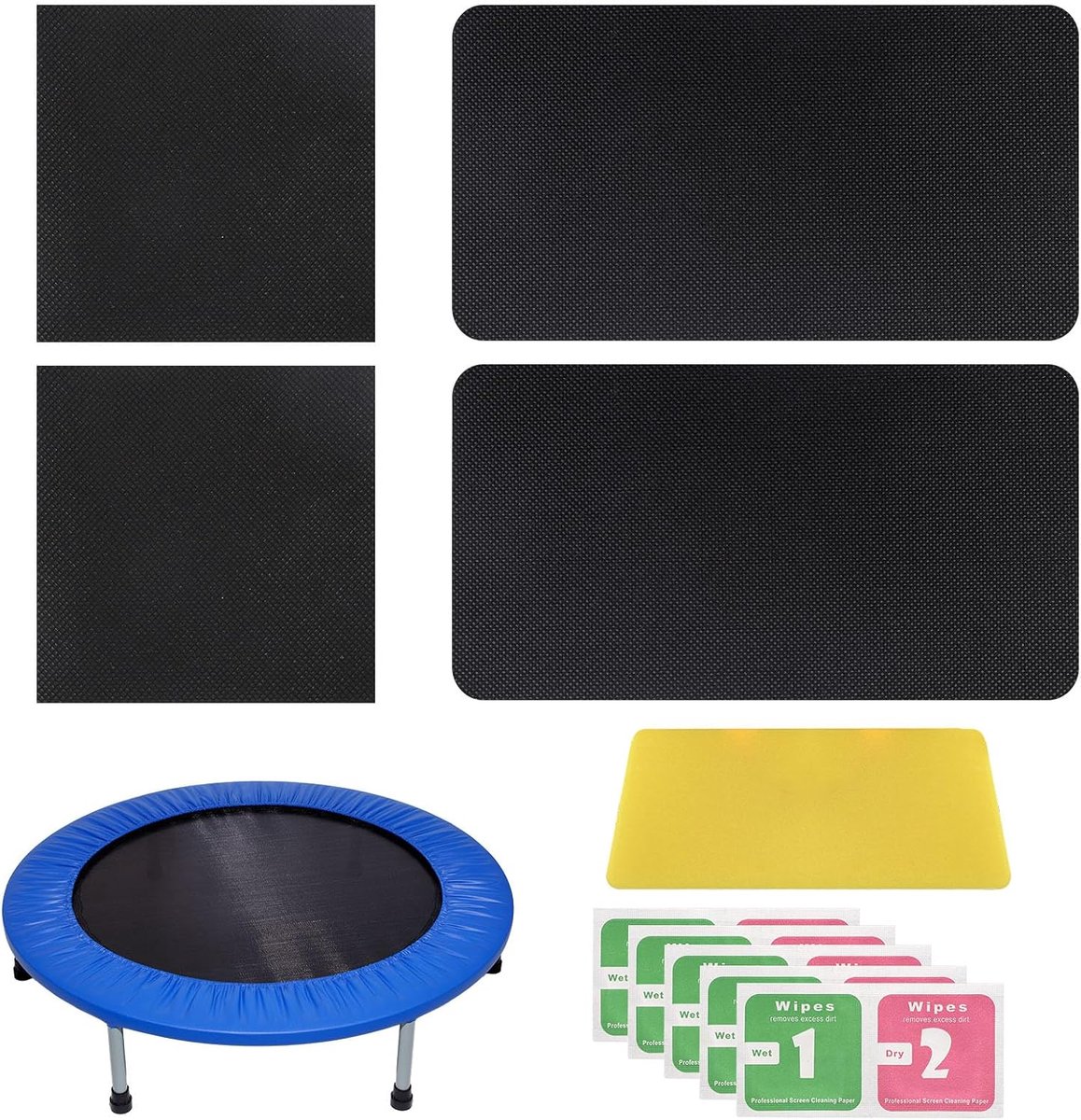 10st Zelfklevend Trampoline Reparatie Patch Kit, 2 Vierkant & 2 Rechthoek Trampoline Mat Herstellen Scheuren of Gaten Pleisters met Schraper & Nat/Droge Doekjes voor De Meeste Buitenstoffen