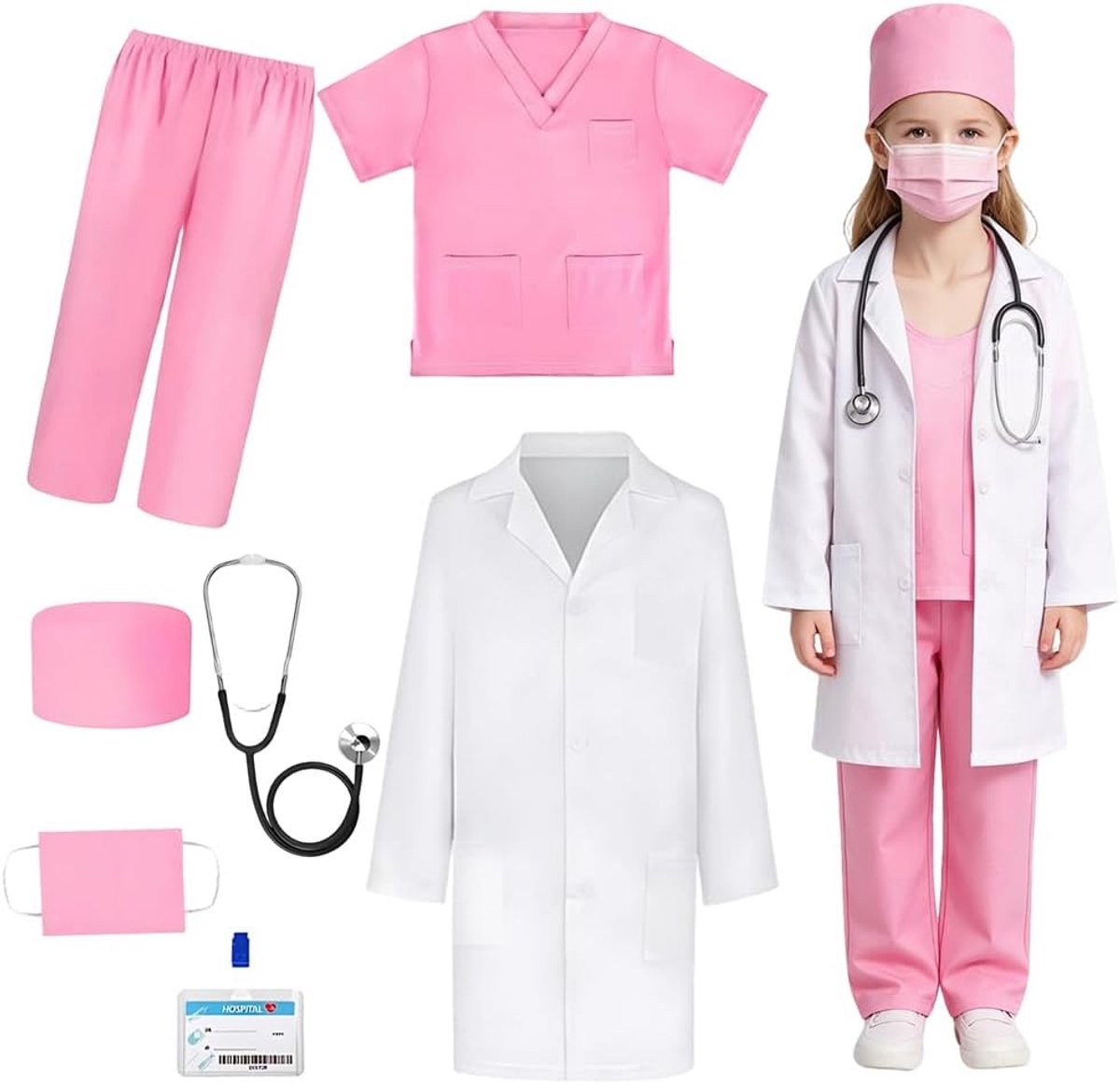 Dokterskostuum voor kinderen, 130 cm, doktersjas, rollenspelkostuum, kinderset met witte jas, stethoscoop, operation-kapjes, uniseks, dokterskostuum, accessoires voor Halloween-feest