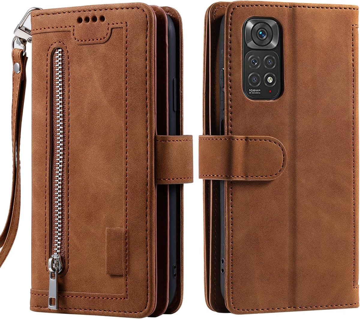 Hoes voor mobiele telefoon voor Xiaomi Redmi Note 11 / 11S, klapbare telefoonhoes, beschermhoes, klaphoes met kaartenvak, mobiele telefoon, tas, boekcover, flip case, standaard, bruin