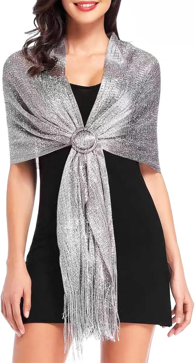 glanzende metallic sjaal en omslagdoek met gesp, avond-sjaal voor damesjurken, glanzende stola met franjes voor bruiloften, schoolbals en bruidsmeisjesfeesten, 170 x 45 cm