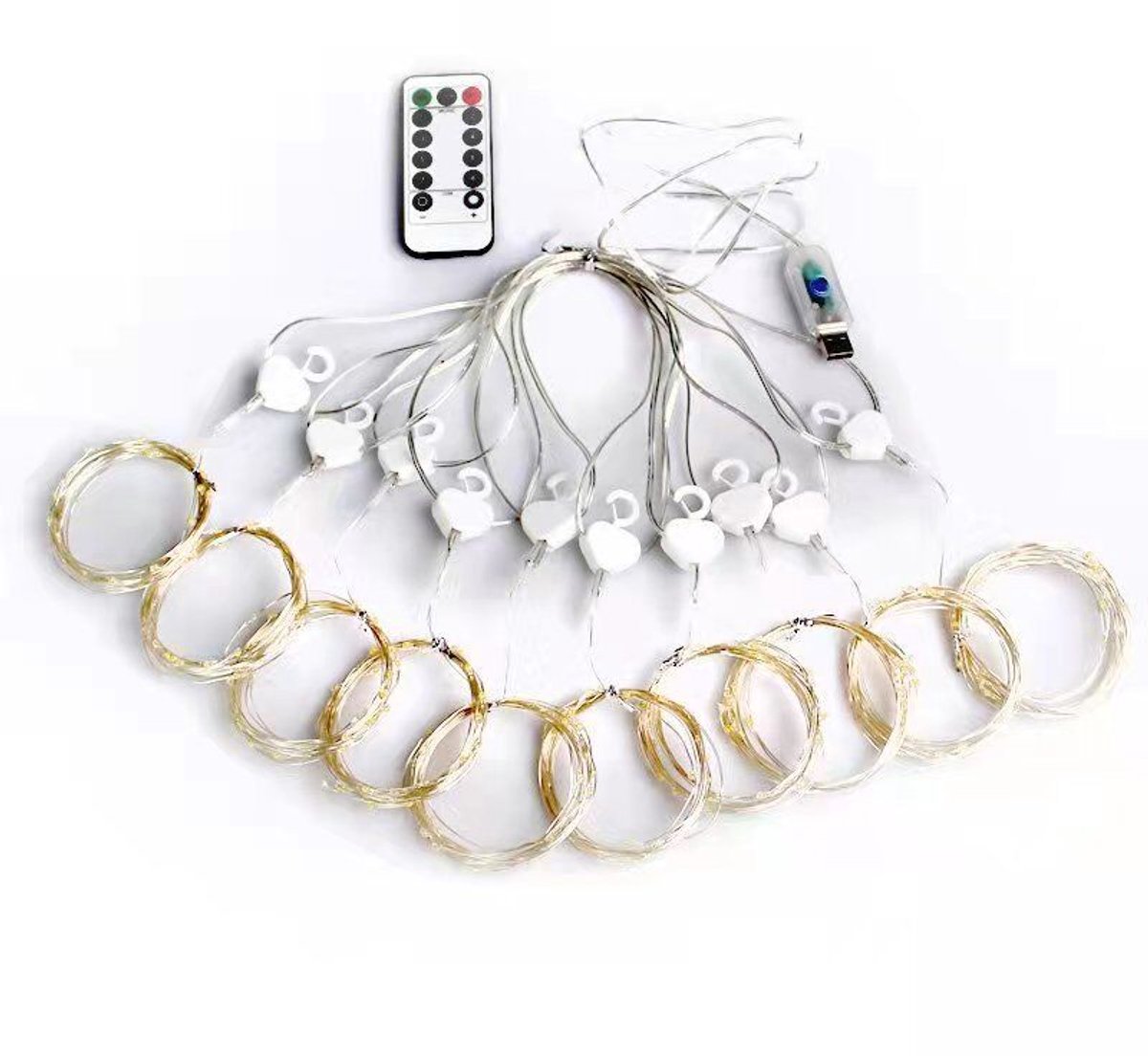 LED-gordijnverlichting – 3 x 3 m, 300 LED's (10 strengen met haken); voeding via USB; inclusief afstandsbediening; geschikt voor feestelijke decoratie en binnenverlichting; zorgt voor hoogwaardige, sfeervolle verlichting – Gekleurd licht — cadeau in Wonen & Interieur - foto 5