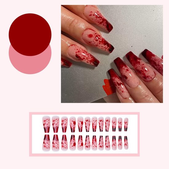 Kunstnagels, Ballerina, Halloween, rood, bloed, Franse horror, creepy vampier, Bloody design, Coffin kunstnagels met nagellijm, rode tips, Scary Vakantie Kunstnagels — afbeelding 2