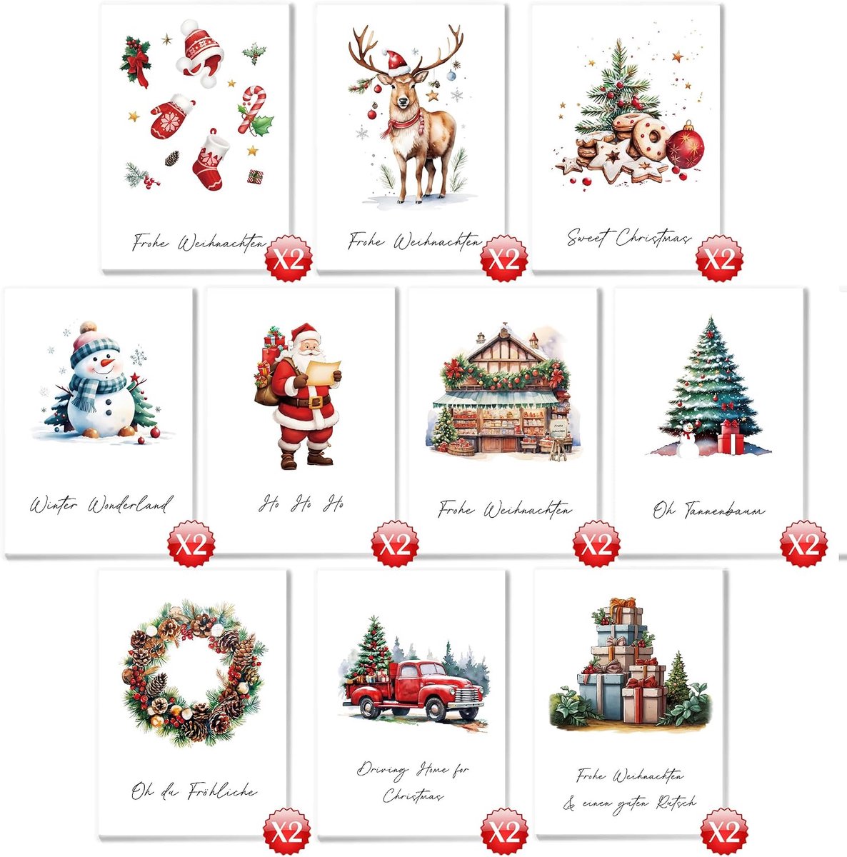 Kerstkaarten met envelopset, 20 stuks met 10 designs, hoogwaardige A6-vouwkaarten, Kerstmis, kerstkaarten voor familie, vrienden, mooiste kerstgroeten