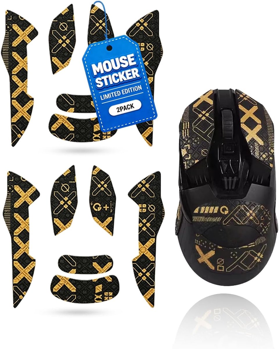 Set van 2 antislip griptape voor Logitech G903 Lightspeed, zweetbestendig, eenvoudig te bedienen, zelfklevend ontwerp, professionele muizen-upgrade-kit, zwart-gouden print