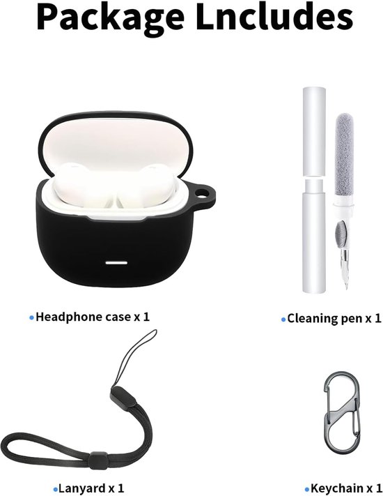 Behuizing voor Redmi Buds 8 Active-oordopjes, schokbestendig, waterdicht, zachte en slanke siliconen hoes met sleutelkoord en reinigingsset, zwart — afbeelding 4