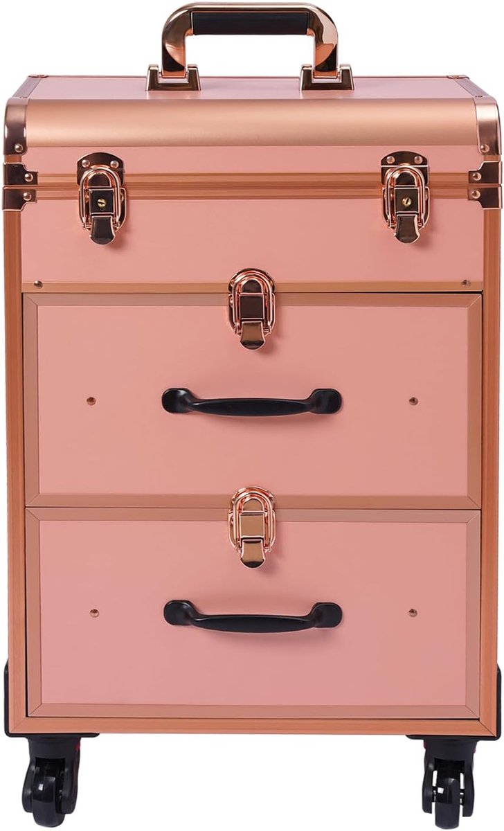 Trolley, cosmeticakoffer met 4 wielen, afsluitbaar, kapperskoffer, rolkoffer, tot 50 kg, kappersgereedschap-organizer voor haarknippen, make-up, kappers, Roségoud, modern