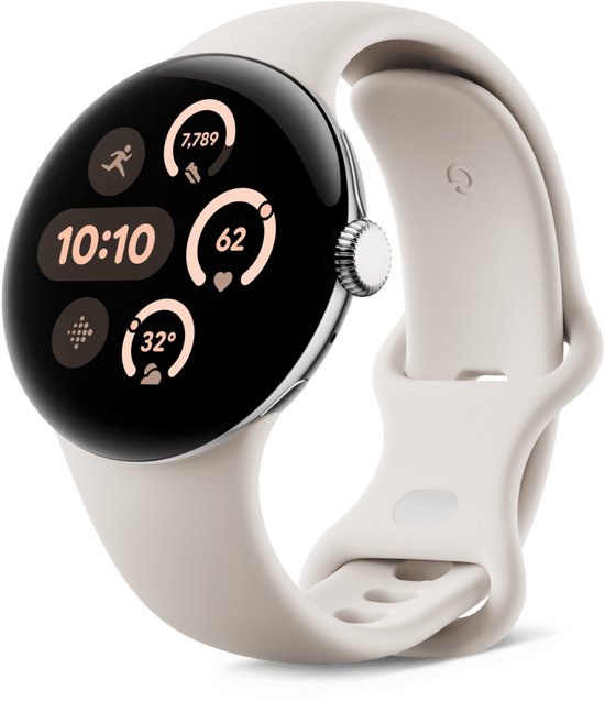 Zilverkleurige smartwatch met porseleinwit bandje. Het scherm toont 10:10, 7,789 stappen, hartslag 62 en 32 graden.