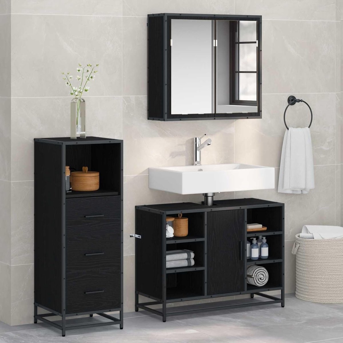 Badkamermeubelset 3 stuks zwart eiken look 80 x 33 x 60 cm