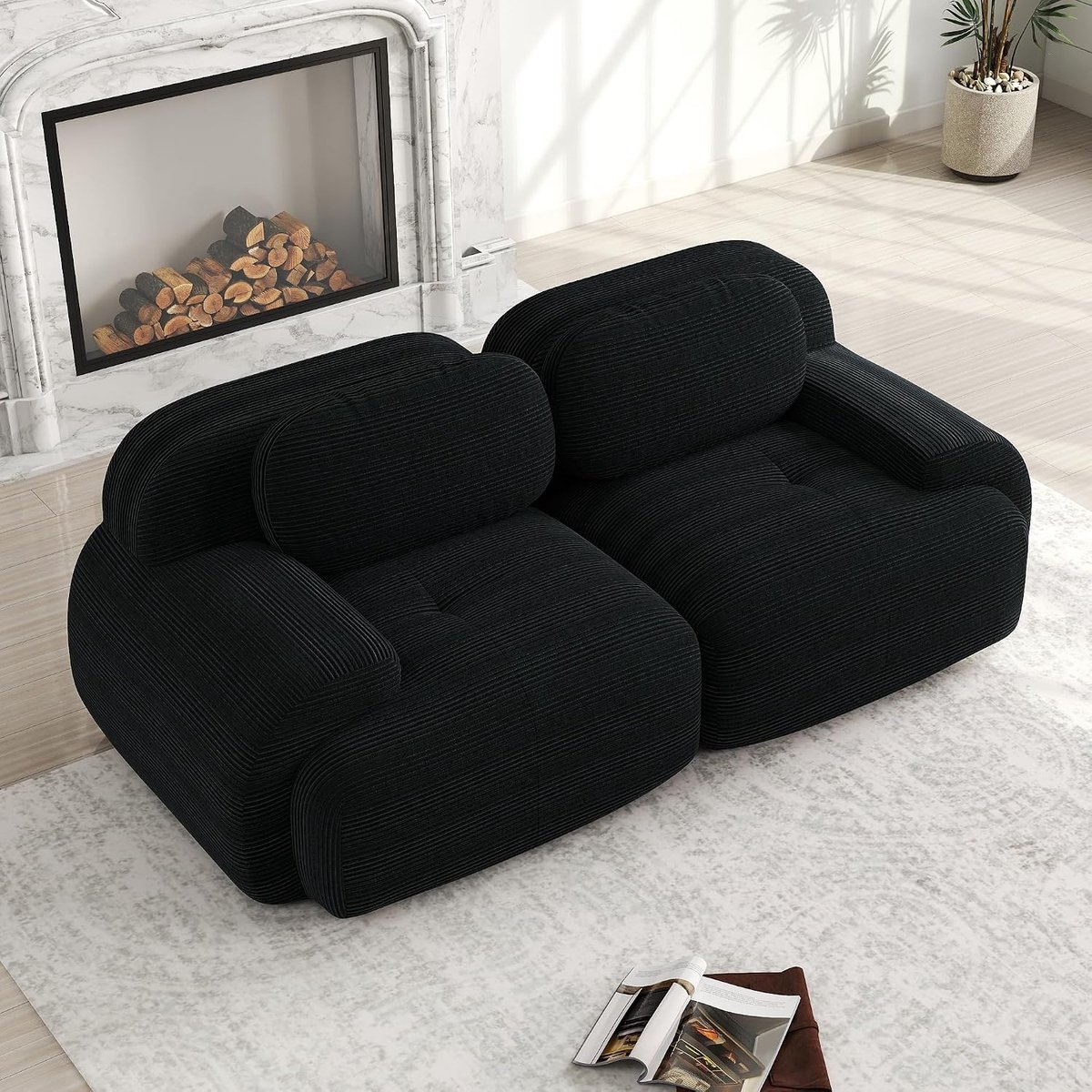 Modulaire loveseat sofa van corduroy, moderne 2-zits bank met gebogen armleuningen, antislip onderkant, zonder montage, voor de woonkamer, zeer elastisch zitkussen, zwart, 2-zits