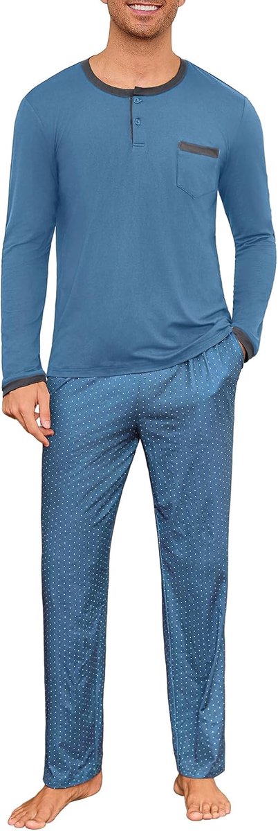 Herenpyjama van katoen, warm, lang, met knopen, tweedelig, voor de winter, zacht en comfortabel, bedrukt S-4XL