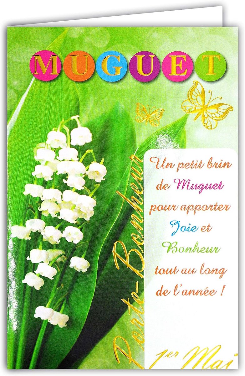 68-1047-A kaart met envelop geel Muguet geluksbrenger 1 mei in goud glanzend boeket 13 witte belletjes bloemen vlinder party lente