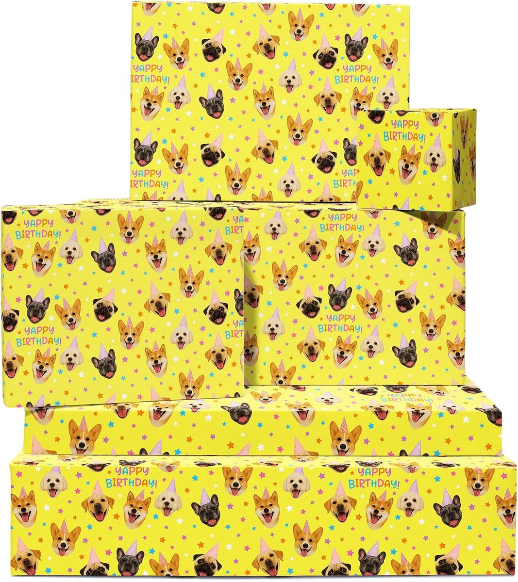 - 6 vellen cadeaukaart voor kinderen, jongens, meisjes, dames - verjaardagsfeestje, puppy print met grappige gezichtshoeden - gele ster achtergrond - wordt geleverd met labels
