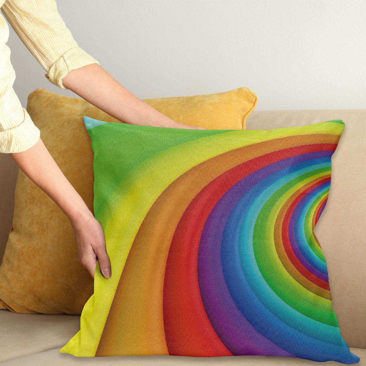 ABAKUHAUS Regenboog Sierkussenhoes, Regenboog Gekleurd Half Cirkels Getting Bigger en Bigger Perspective Computer Grafisch, Decoratieve Vierkante Sierkussenhoes, 50 x 50 cm, Levendig Regenboog