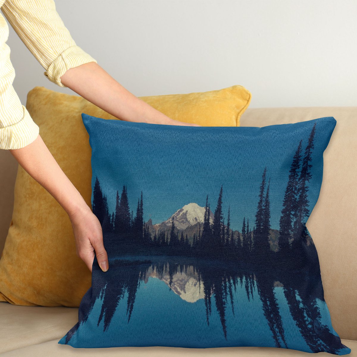 ABAKUHAUS National Parks Sierkussenhoes, Symmetric Reflections van Berg Nacht Mystic Hiking Climbing Washington Countryside, Decoratieve Vierkante Sierkussenhoes, 40 x 40 cm, Nacht Blauw