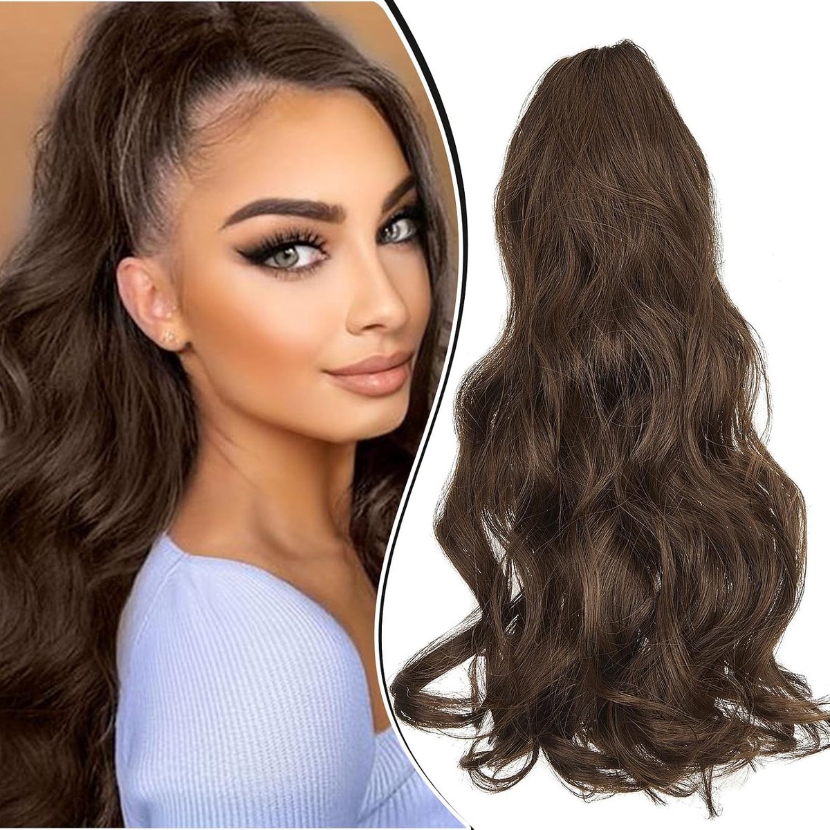 45cm Paardenstaart Haarstuk Vlecht Verlenging Klauw Golvende Lange Paardenstaart Extensies Haarverlenging Synthetische Clip in Ponytail Haarextensies 150g, Donkerbruin/licht auburn