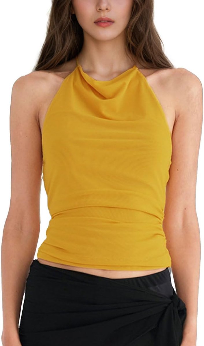 Y2K Sexy Halter Mesh Top Verstelbaar Spaghetti Strap Vest Top Rugloos Slim Fit Mouwloos Kant Cami Zomer Geribd T-shirt, Geel, S-L