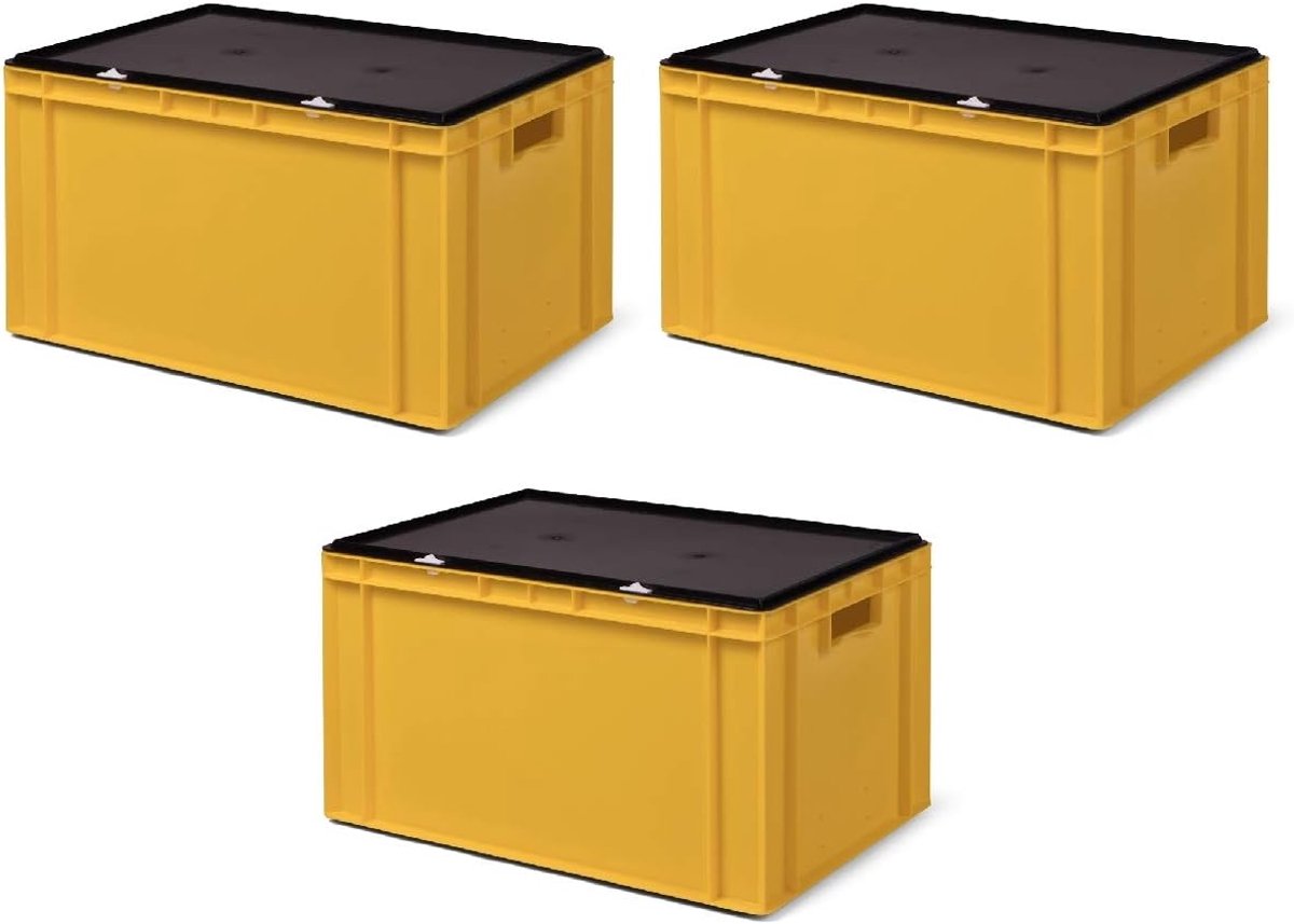 3 stuks TK632-VD, Transportstapelbak geel met zwart afsluitdeksel, 600x400x331/320 mm (LxBxH), volume 61 liter, draagvermogen 60 kg, voedselveilige industriekwaliteit van PP
