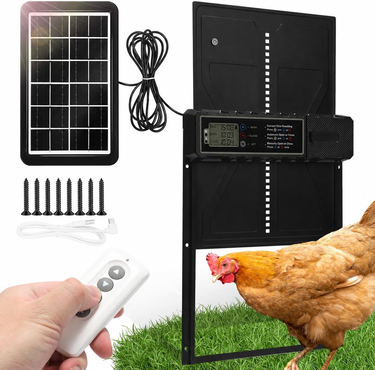 Kippenklep op zonne-energie met lcd-display en afstandsbediening