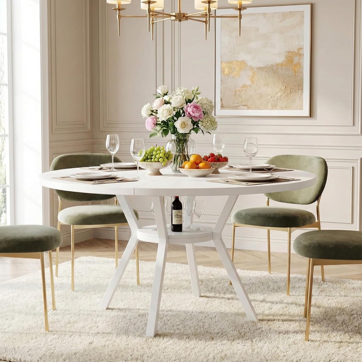 120 cm eettafel, ronde keukentafel, eettafel met opbergruimte, houten tafel, rond, eettafel voor 4-6 personen, 120 x 120 x 75 cm, wit