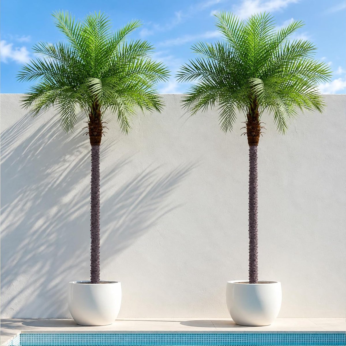 2,4 m kunstmatige feniks-palmboom, kunstkokoszijde, tropische neppalmplant voor binnen, buiten, thuis, kantoor, terras, badkamer, zwembad, kustdecoratie (set van 2)