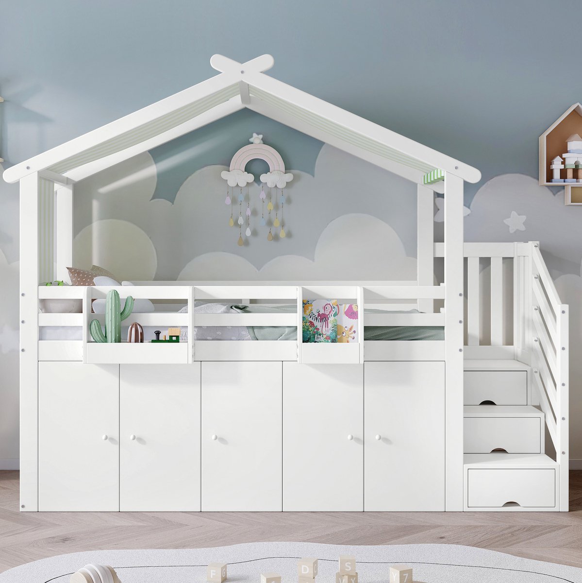 WUVRIE Stapelbed 90x200 cm met kast, opbergvakken, opbergtrap en uitvalbeveiliging, wit/groen