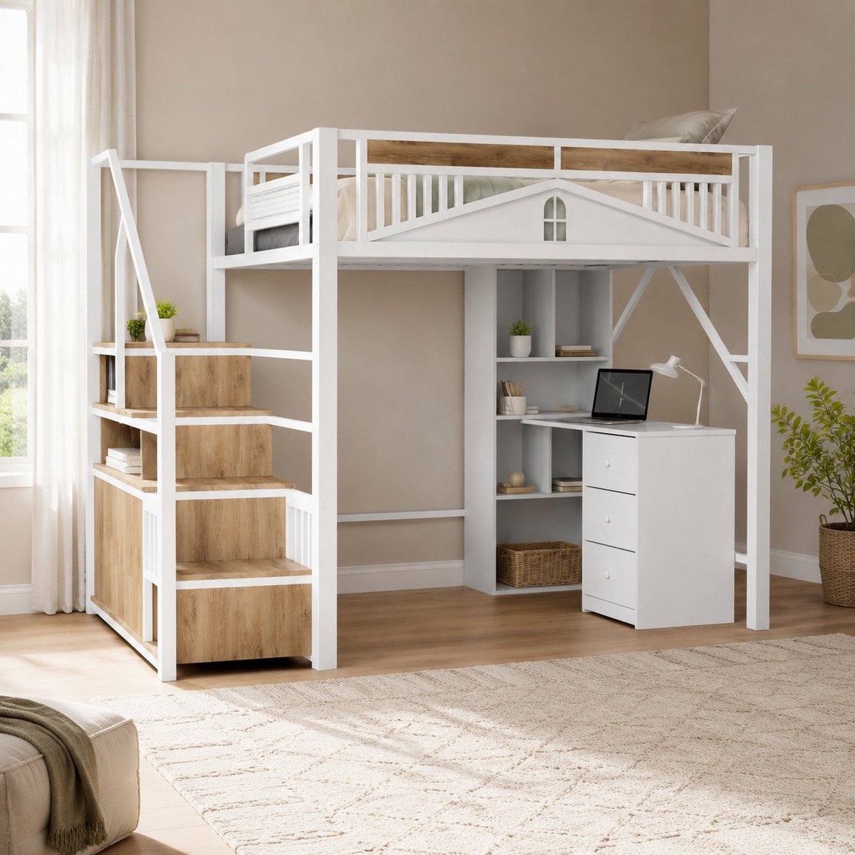WUVRIE Hoogslaper 140x200 cm met opbergtrappen, veiligheidshek en raamdesign, wit