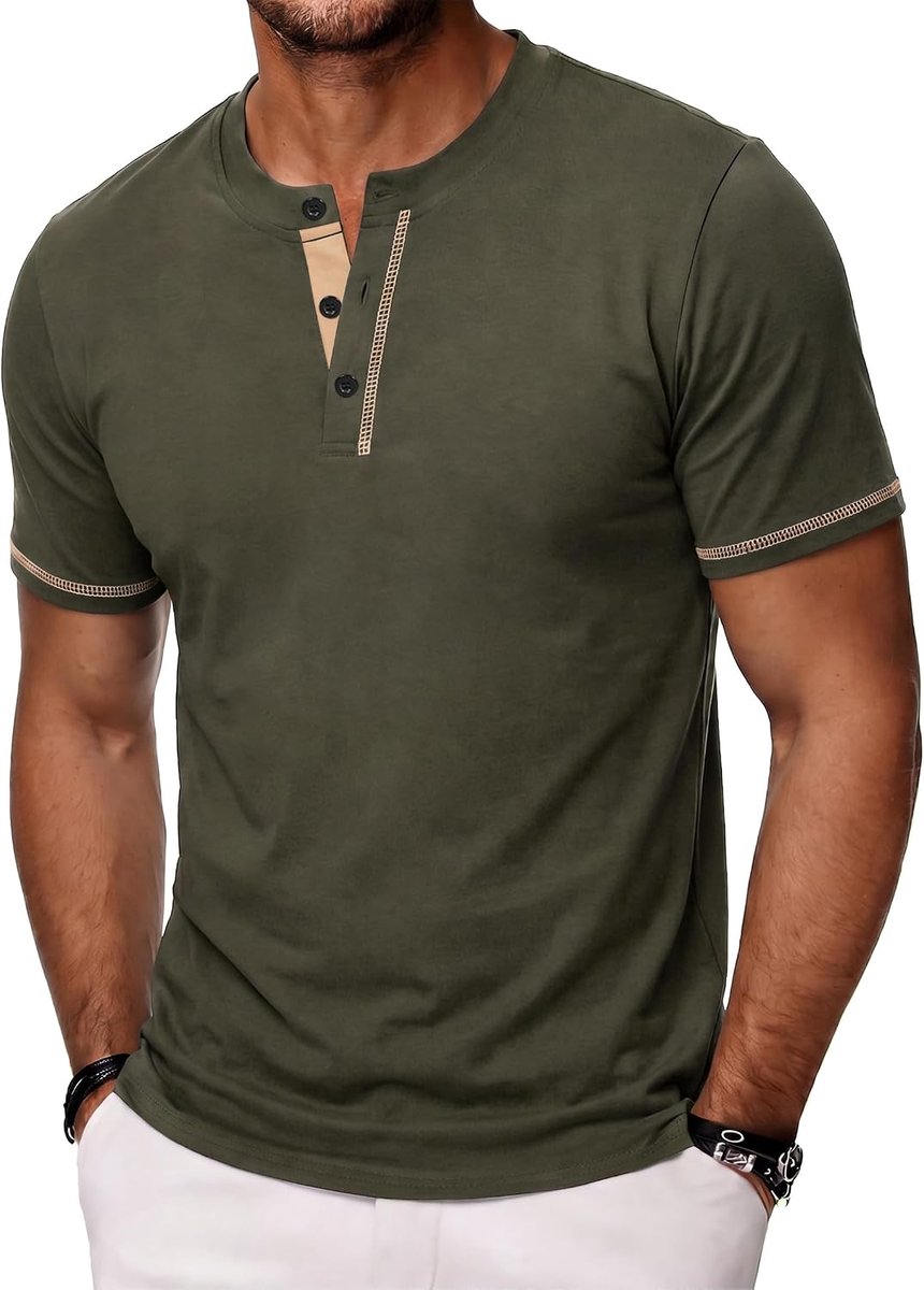 T-shirt voor heren, ronde hals met knopen, korte mouwen, katoen, casual, vrije tijd, dagelijks gebruik, S-3XL