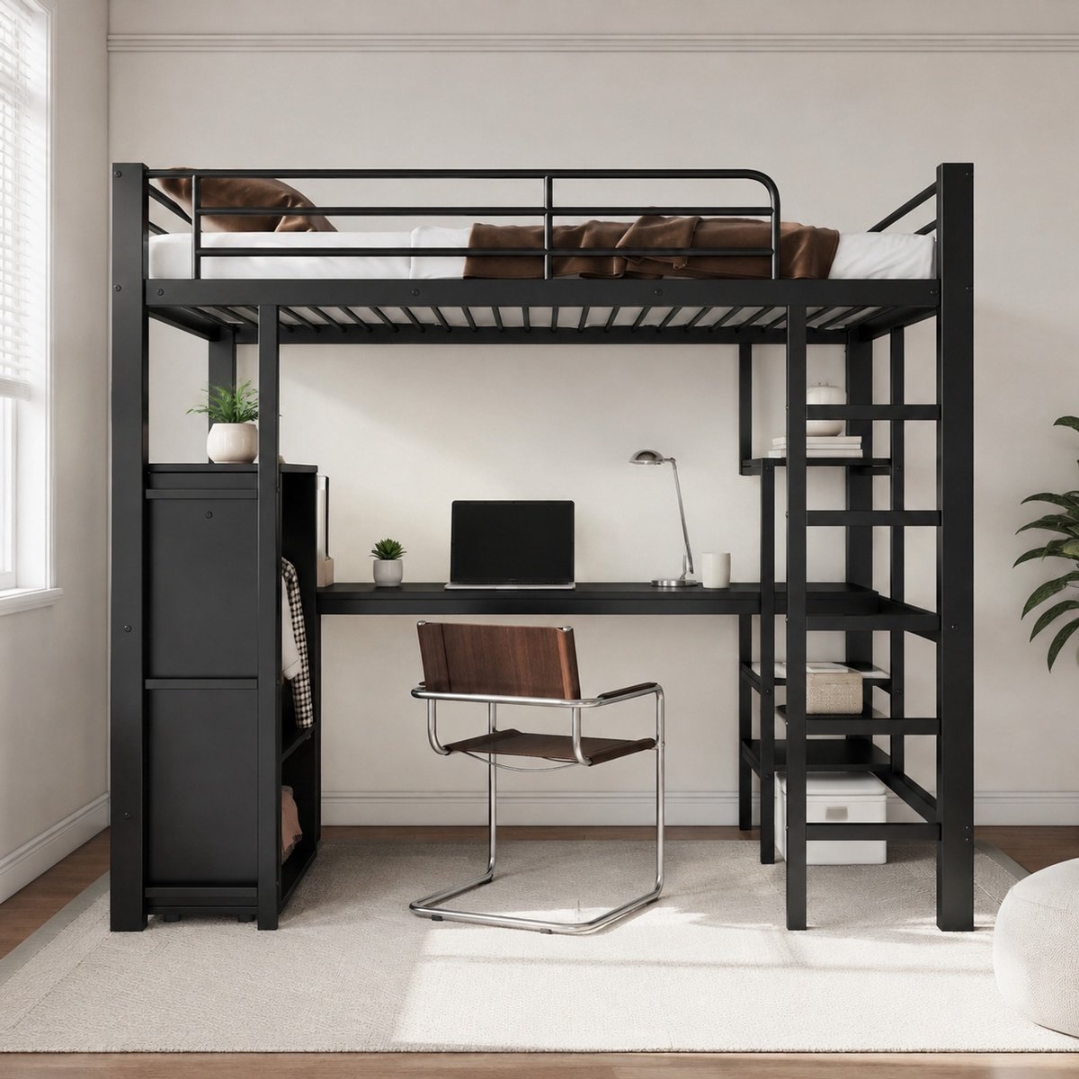 WUVRIE Stapelbed 90x200 cm met bureau, kledingkast, 3 planken en 5-staps ladder, zwart