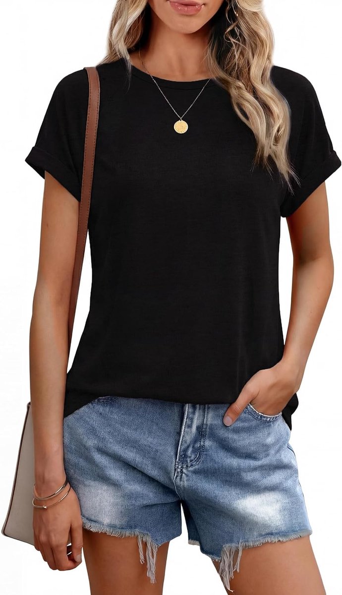 tops met korte mouwen, raglan, ronde hals, normale pasvorm, lichtgewicht opgerolde manchet, zomer, effen, basic T-shirt, casual top