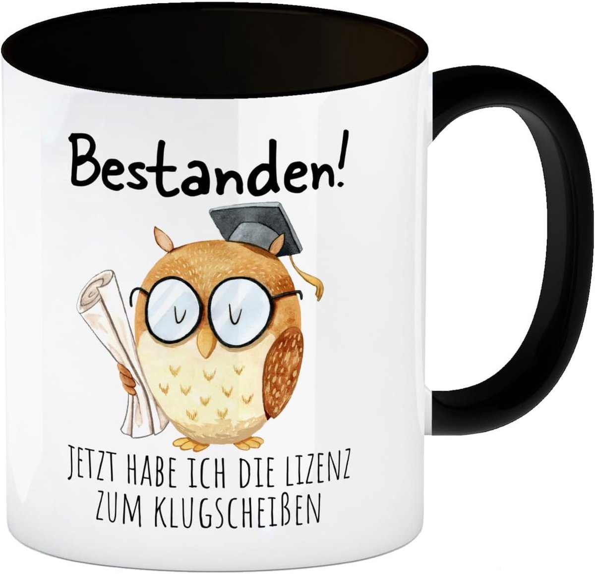 Uilenkoffiemok met de tekst "Licence to be a know-it-all" in het zwart, geslaagd examen, afstudeercadeau, vrijgezellenfeest, felicitaties, bacheloropleiding, studentenopleiding