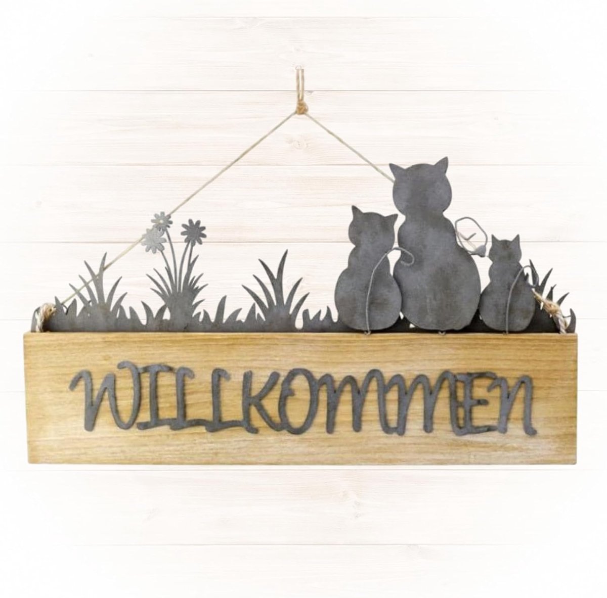 metalen bord "Welkom" met kat – ca. 28 x 16 cm – natuur-grijs-wit gesorteerd – deurbordje & wanddecoratie voor kattenvrienden – Logbuch-Verlag