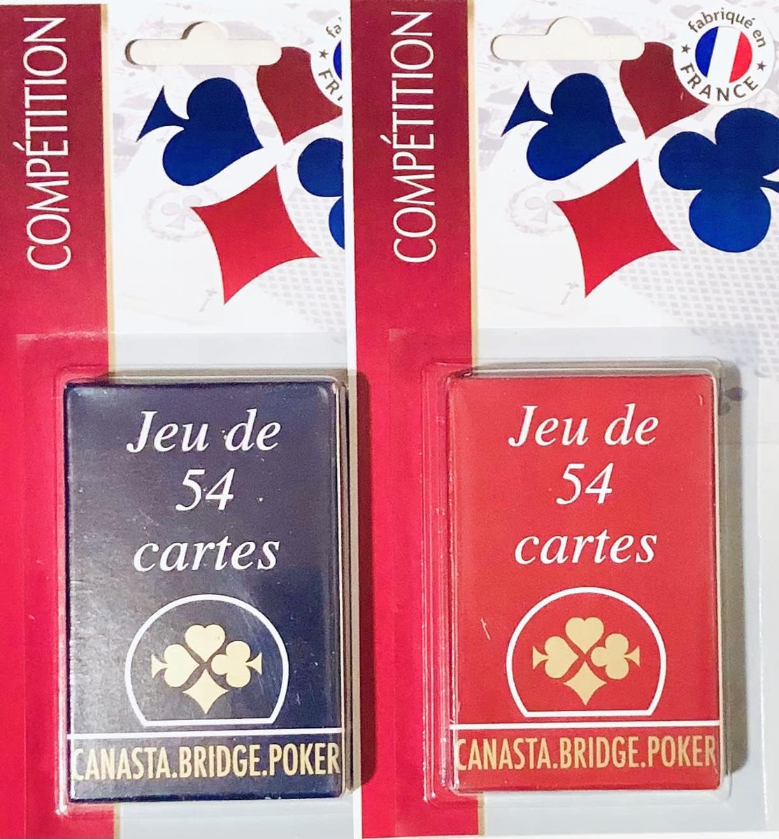 Verpakking met 2 sets van elk 54 kaarten – blauw en rood – gelamineerd karton in blisterverpakking – 4 standaard indexen – Franse portretten