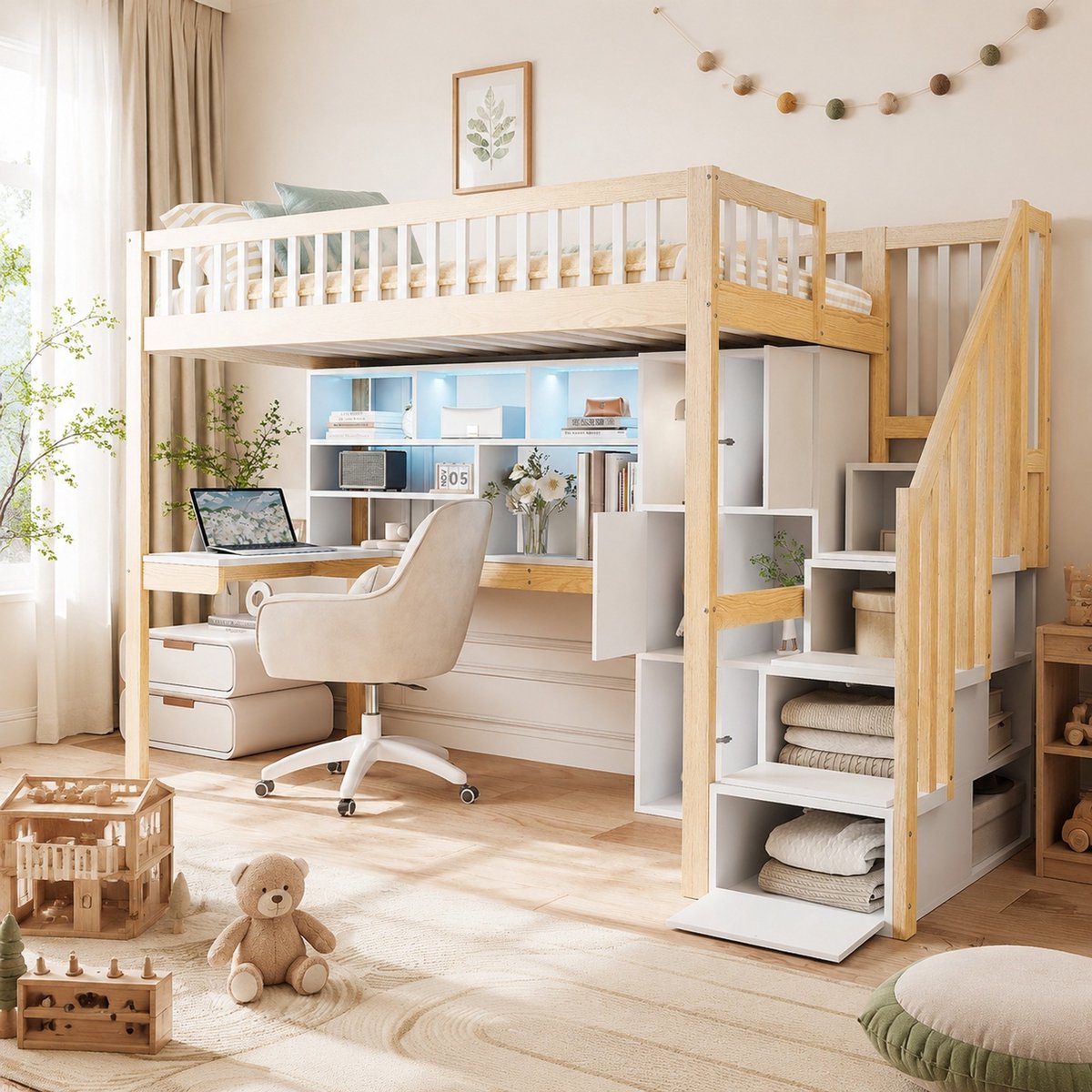 WUVRIE Hoogslaper 90x200 cm met bureau, LED-verlichting, opbergtrap en planken, wit/naturel Wit en naturel