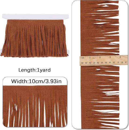 Lederen franje rand 1 yard 3,9 inch dubbelzijdige suède kwastjes bruin kunstleer decoratief lint voor vrije tijd creatief naaien kleding — afbeelding 2