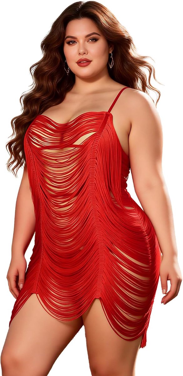 Nachthemd voor dames, sexy mini-jurk met franjes, babydoll, grote maten
