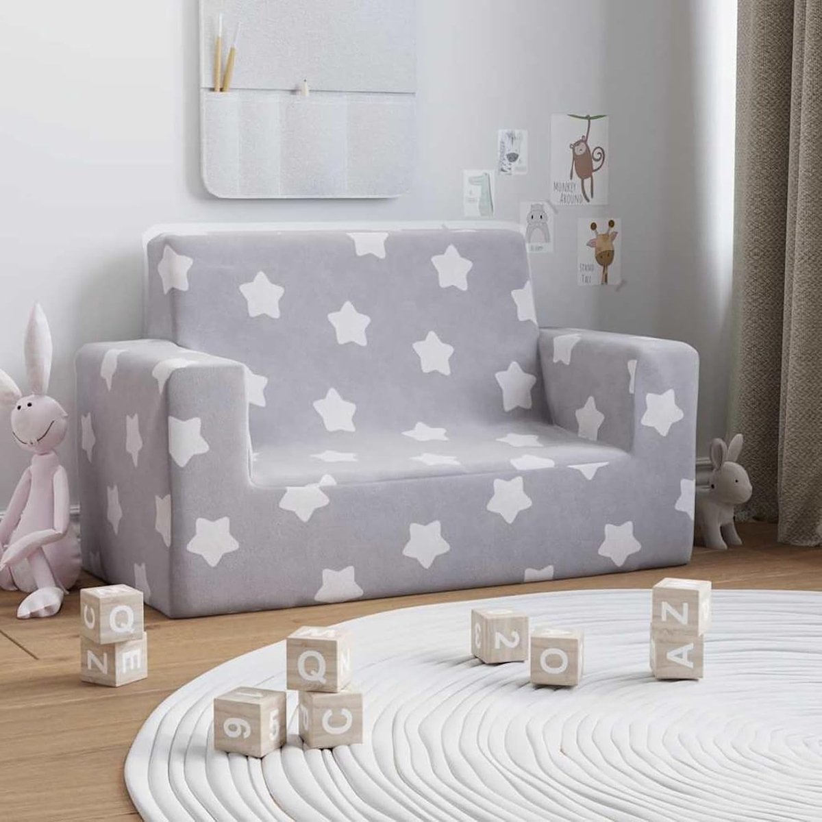 Kinderbank, 2-zits, comfortabele mini-sofa met schuimvulling, lichtgrijs met sterren, zacht pluche, voor kinderkamer, kinderen, 84 x 38 x 50 cm