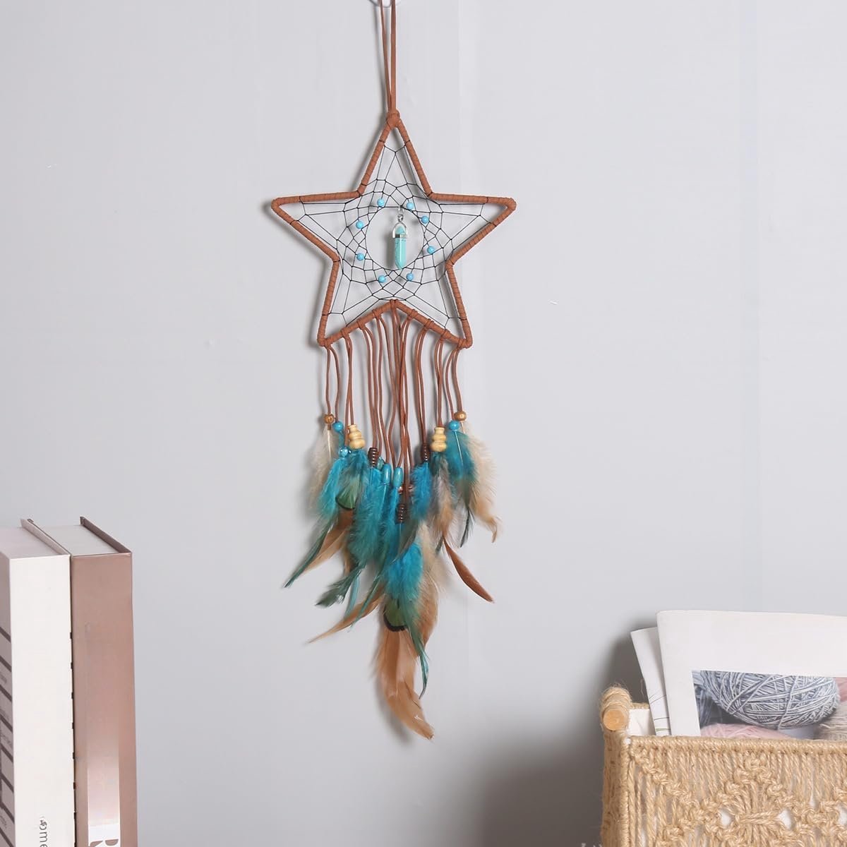 1/2 stuks kleurrijke veren dromenvanger met kralen, handgemaakte maan ster dromenvanger, opknoping decor, gehaakt ontwerp voor slaapkamer, woonkamer