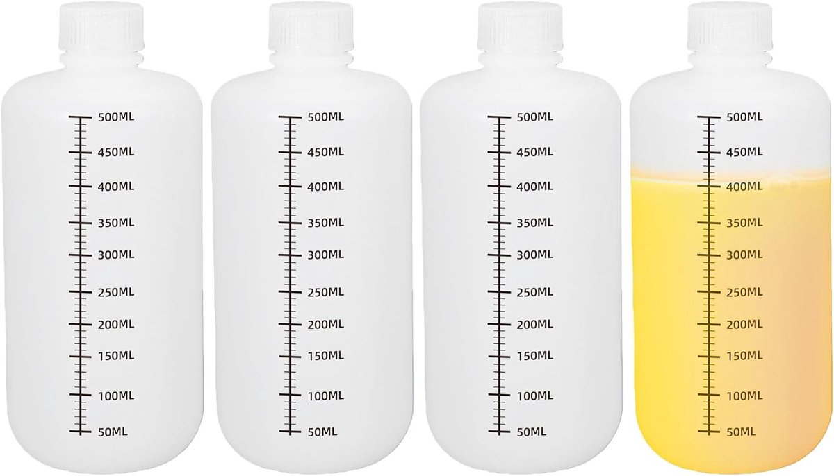 4 stuks geschaalde HDPE-reageerbuisjes, laboratoriumkwaliteit, kunststof flessen met smalle hals, afsluitend deksel, verzegeld, bestand tegen chemicaliën, doorschijnend en 500 ml