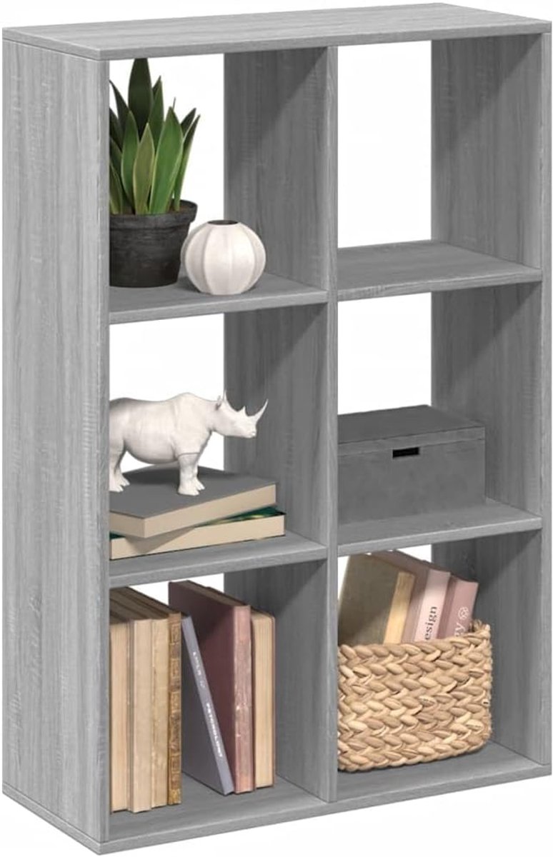 Boekenkast grijs Sonoma 69,5 x 29 x 103,5 cm met zes kubusvormige vakken, modern geometrisch design, robuust houtmateriaal, flexibel opstelbaar